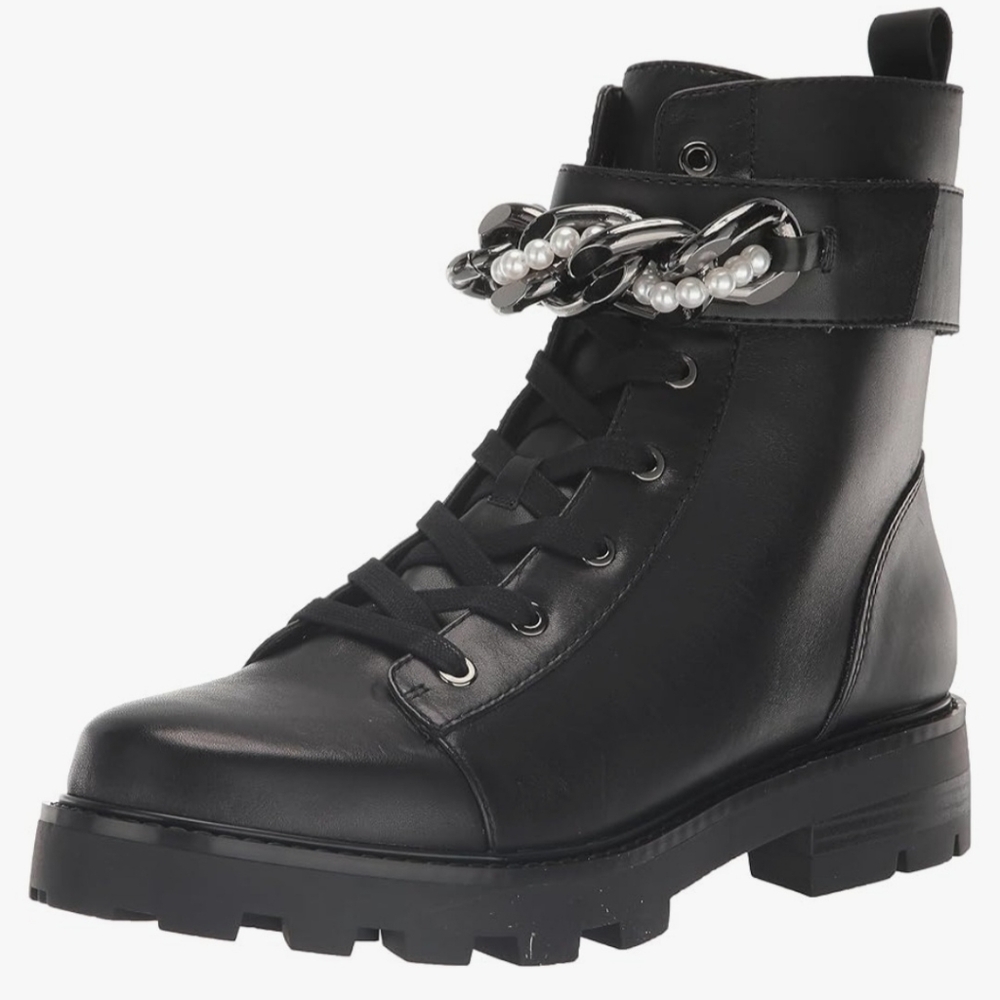 NWOB Karl Lagerfeld Paris Maxi Faux Pearl Chain Combat/ Ankle Boots